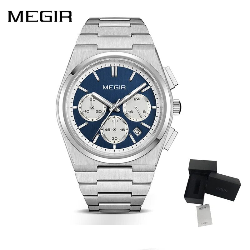 MEGIR Men's Business Watches Original Analogue Quartz Wrist Watch Luminous 5ATM Waterproof Steel Large Dial Clock Reloj Hombre 8402