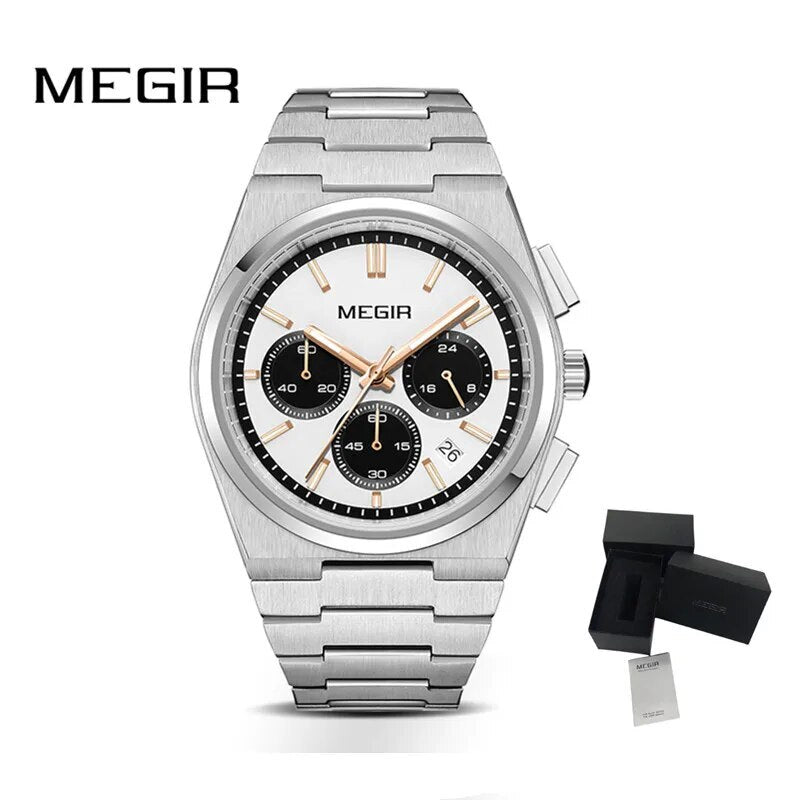 MEGIR Men's Business Watches Original Analogue Quartz Wrist Watch Luminous 5ATM Waterproof Steel Large Dial Clock Reloj Hombre 8402