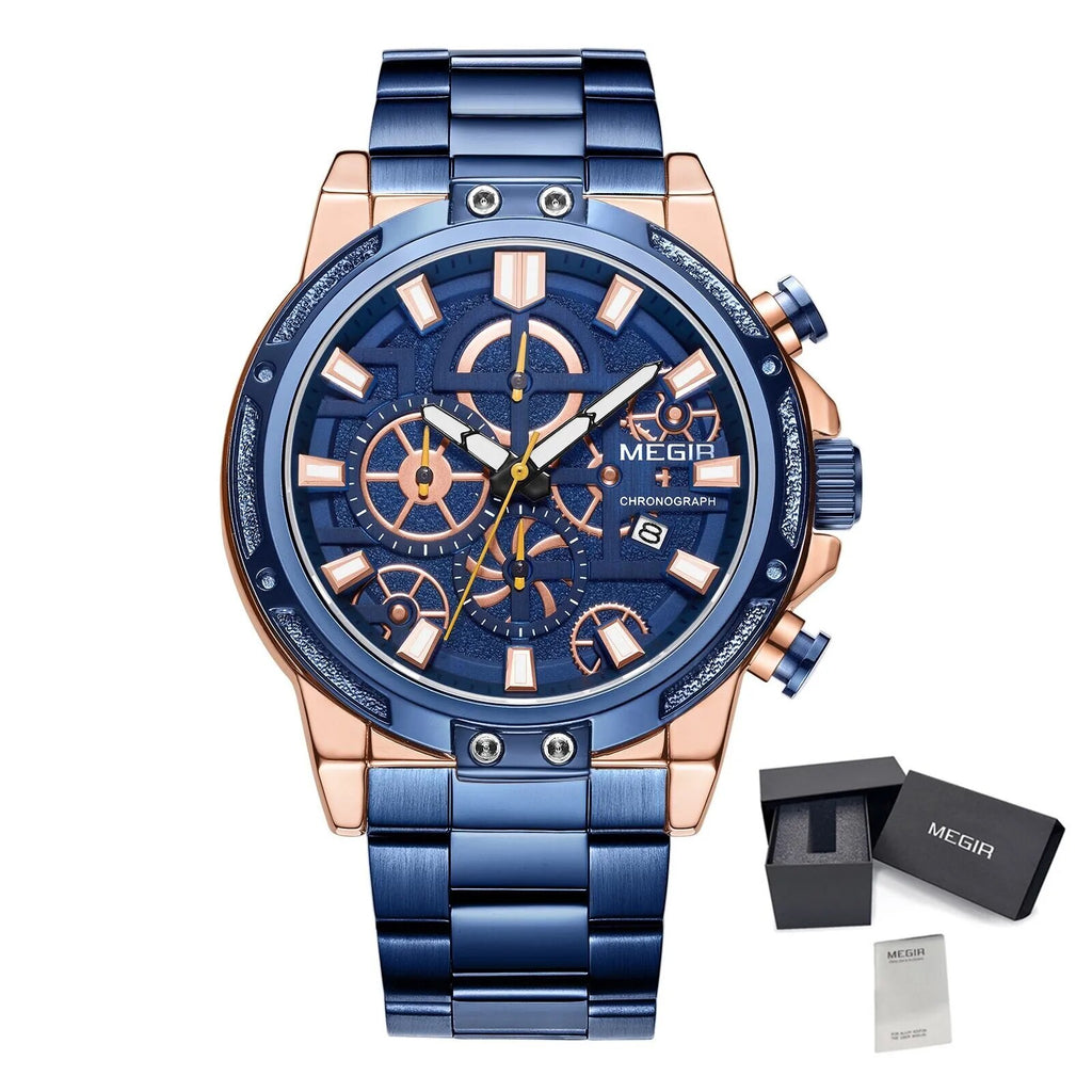 MEGIR Luxury Business Watches for Man Stainless Steel Strap Quartz Casual Wristwatch Waterproof Calendar Men Chronograph 2108