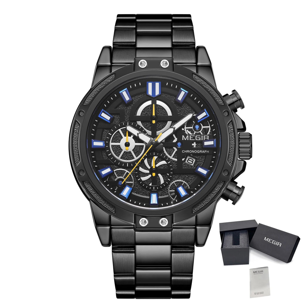 MEGIR Luxury Business Watches for Man Stainless Steel Strap Quartz Casual Wristwatch Waterproof Calendar Men Chronograph 2108