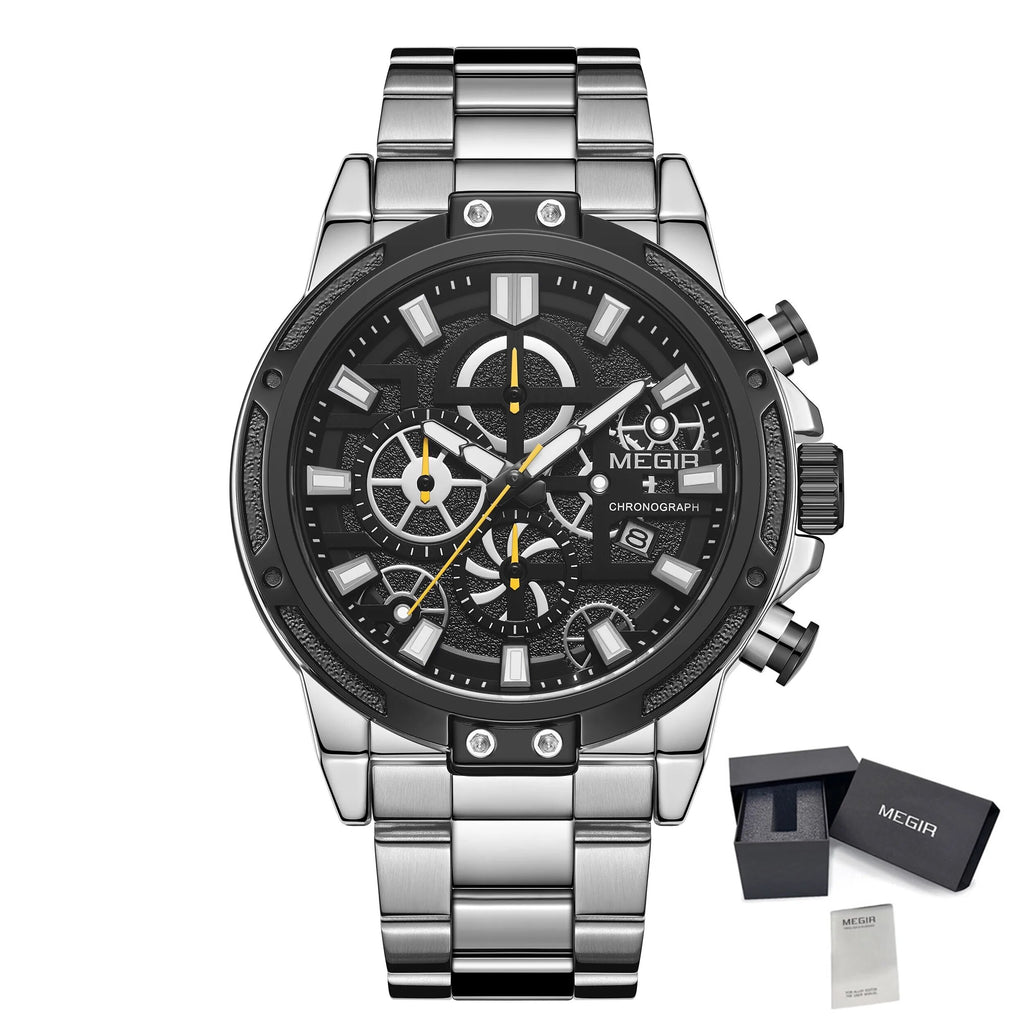 MEGIR Luxury Business Watches for Man Stainless Steel Strap Quartz Casual Wristwatch Waterproof Calendar Men Chronograph 2108