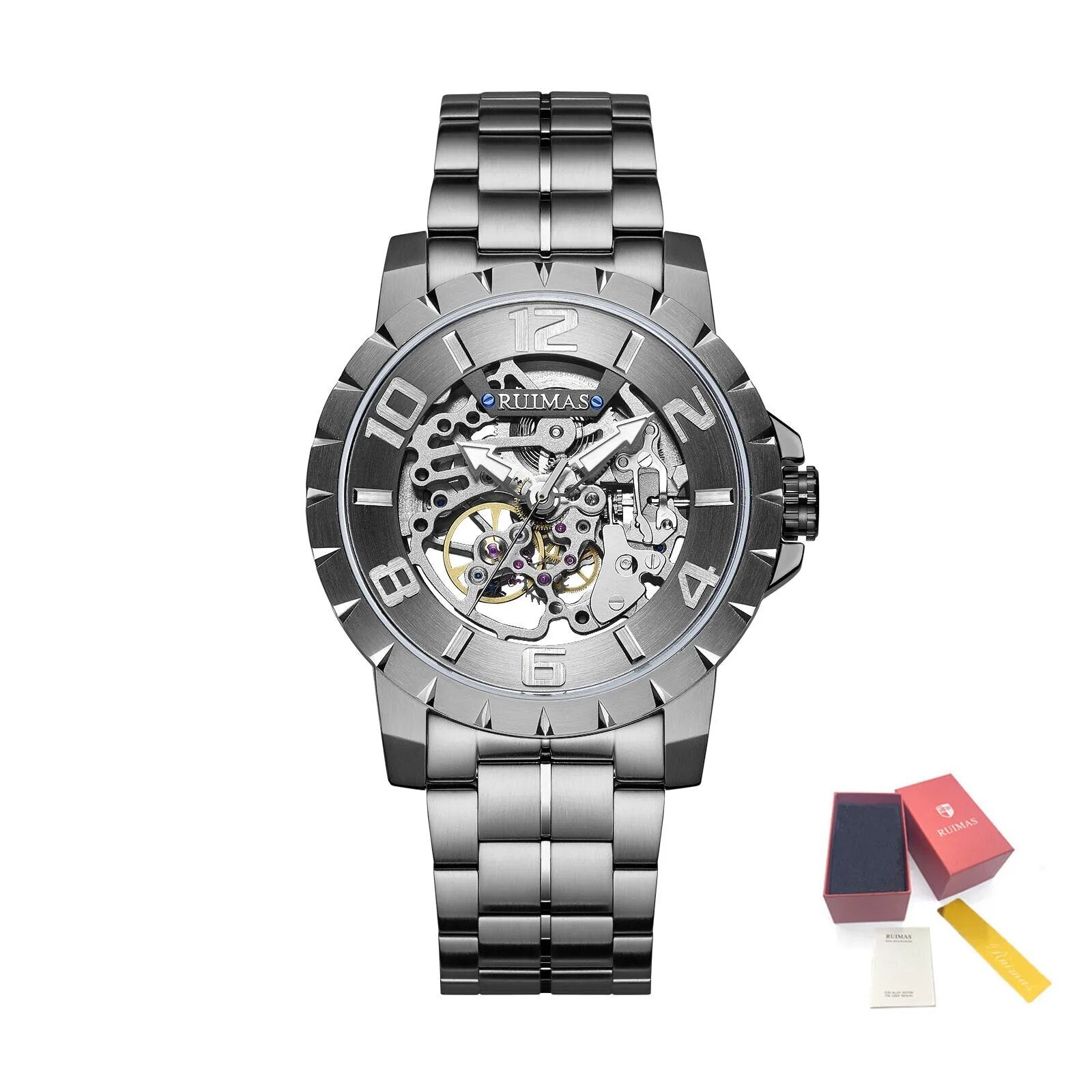 RUIMAS Men Mechanical Watch Luxury Automatic Stainless Steel Bracelet Wristwatches 5ATM Waterproof Clock Relogio Masculino 6784