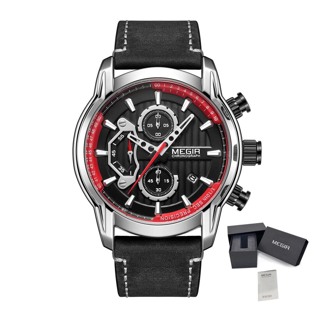 MEGIR Men's Watches Waterproof Luminous Sports Wristwatch Fashion Leather Strap Quartz Chronograph Clock Date Gift for Man 2104