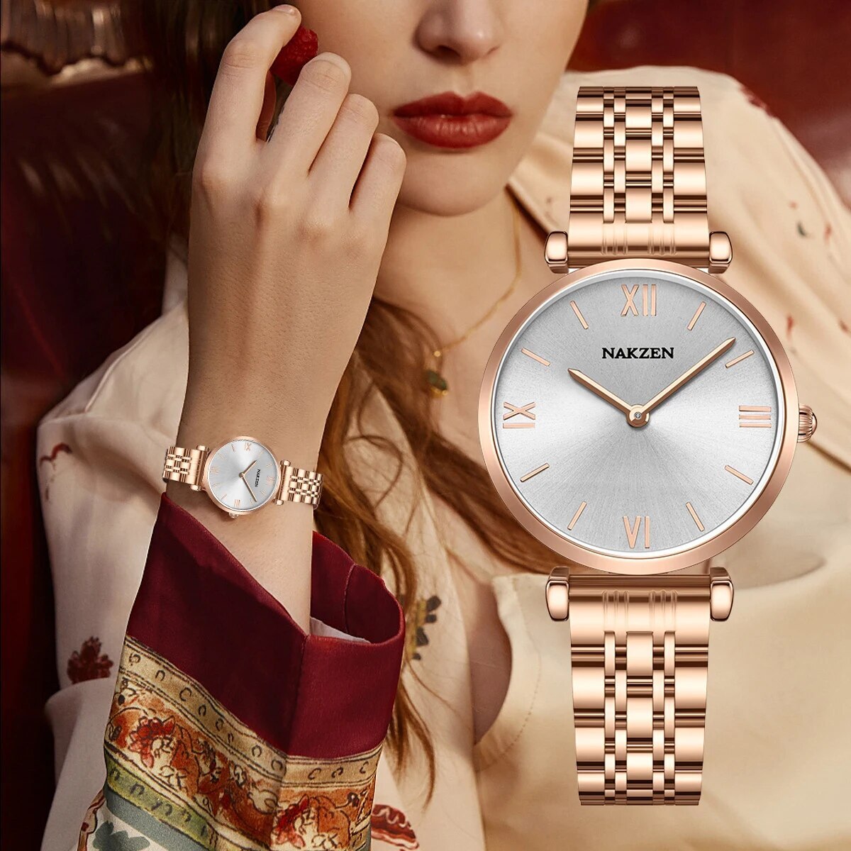 NAKZEN Luxury Crystal Watch Women Waterproof Rose Gold Steel Strap Ladies Wrist Watches Top Brand Bracelet Clock Relogio Feminino 4153