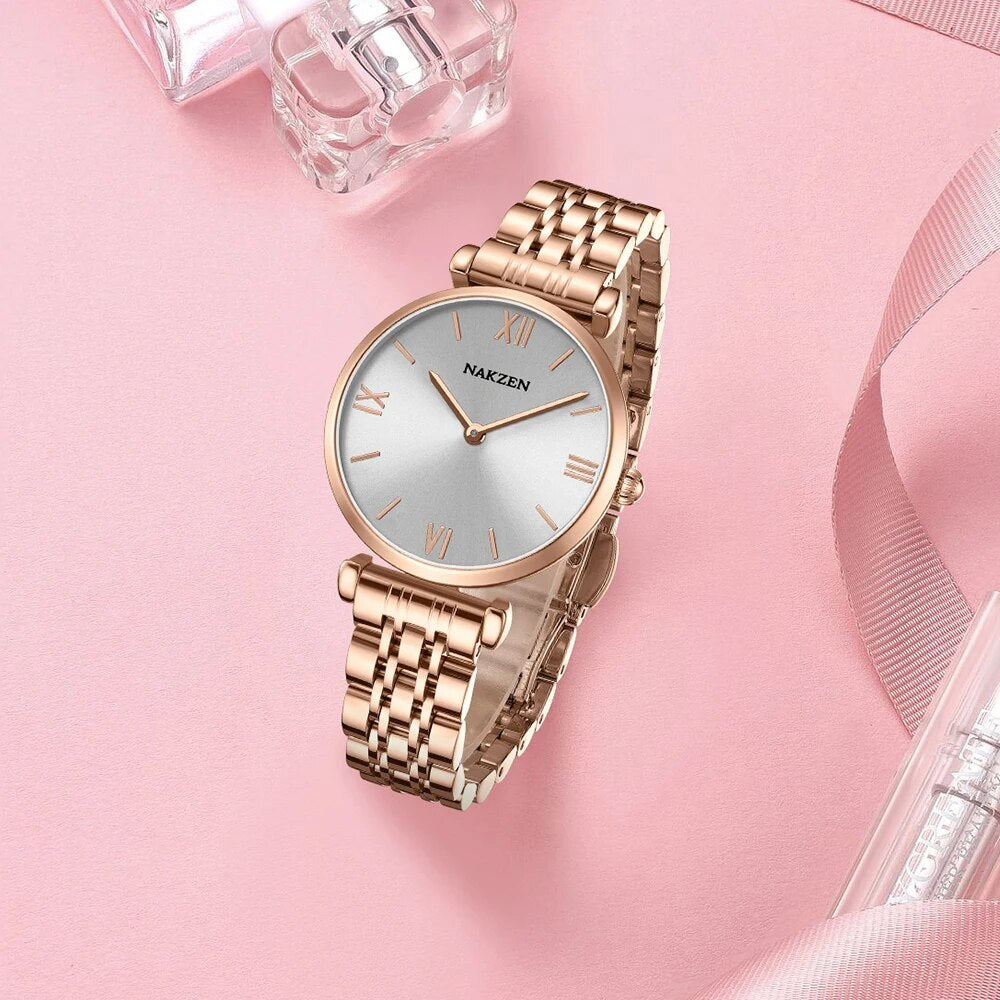 NAKZEN Luxury Crystal Watch Women Waterproof Rose Gold Steel Strap Ladies Wrist Watches Top Brand Bracelet Clock Relogio Feminino 4153