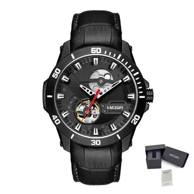 MEGIR Fashion Leather Watches for Men Sapphire Stainless Steel Automatic Mechanical Watch Sports Clock Montre Homme 62069