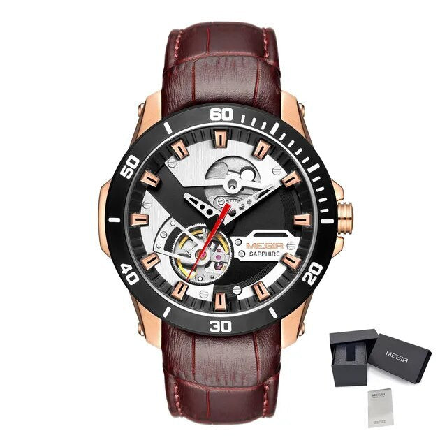 MEGIR Fashion Leather Watches for Men Sapphire Stainless Steel Automatic Mechanical Watch Sports Clock Montre Homme 62069
