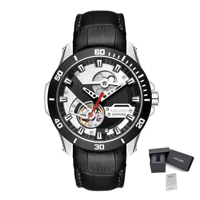 MEGIR Fashion Leather Watches for Men Sapphire Stainless Steel Automatic Mechanical Watch Sports Clock Montre Homme 62069