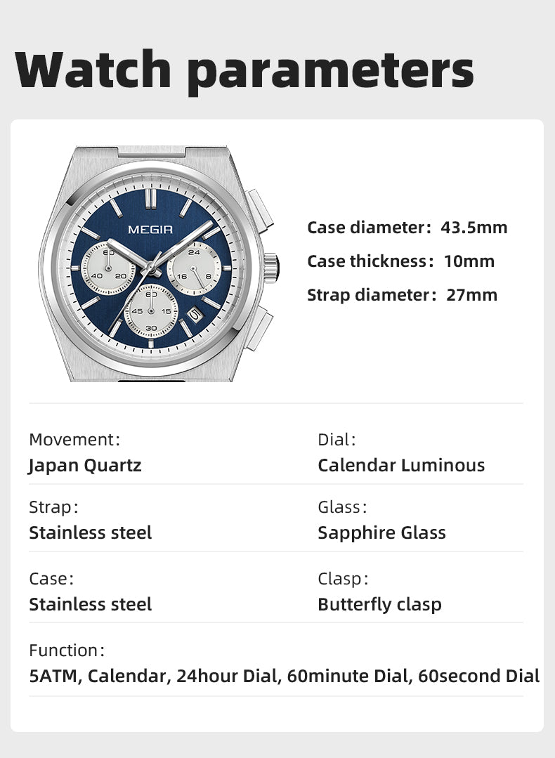 MEGIR Men's Business Watches Original Analogue Quartz Wrist Watch Luminous 5ATM Waterproof Steel Large Dial Clock Reloj Hombre 8402