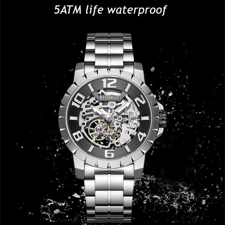 RUIMAS Men Mechanical Watch Luxury Automatic Stainless Steel Bracelet Wristwatches 5ATM Waterproof Clock Relogio Masculino 6784