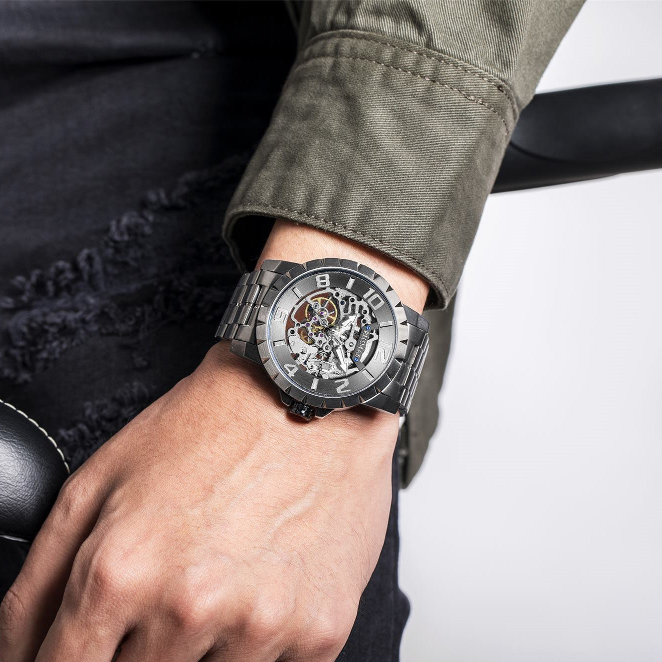 RUIMAS Men Mechanical Watch Luxury Automatic Stainless Steel Bracelet Wristwatches 5ATM Waterproof Clock Relogio Masculino 6784