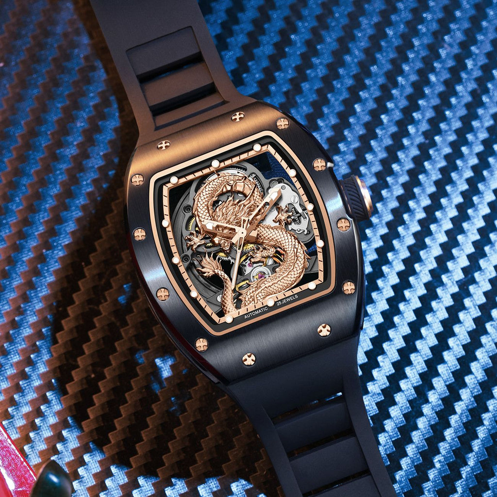 MEGIR Automatic Mechanical Skeleton Men Watch Luxury Stainless Steel Case Tonneau Dial Wristwatch Waterproof Sport Watches 9190-15