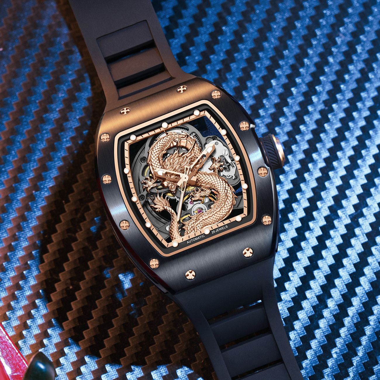 MEGIR Automatic Mechanical Skeleton Men Watch Luxury Stainless Steel Case Tonneau Dial Wristwatch Waterproof Sport Watches 9190-15