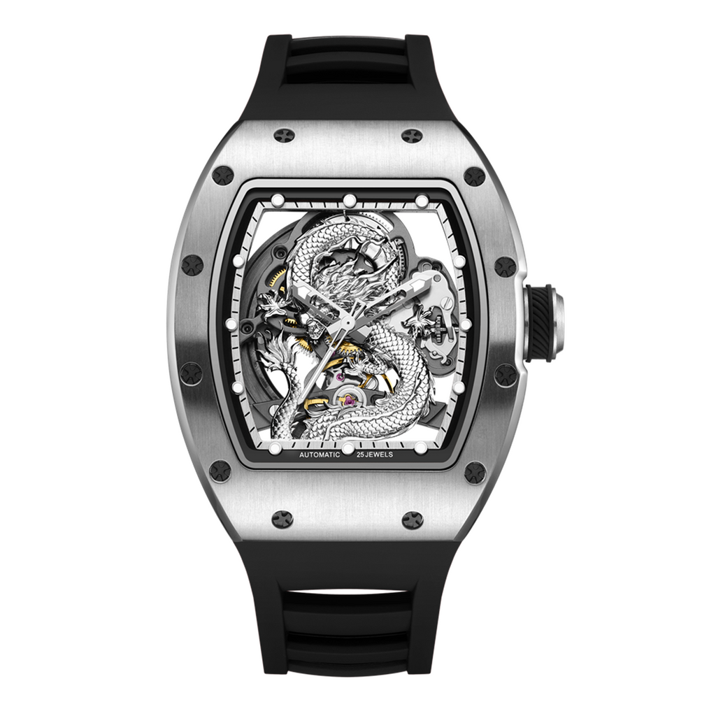 MEGIR Automatic Mechanical Skeleton Men Watch Luxury Stainless Steel Case Tonneau Dial Wristwatch Waterproof Sport Watches 9190-15