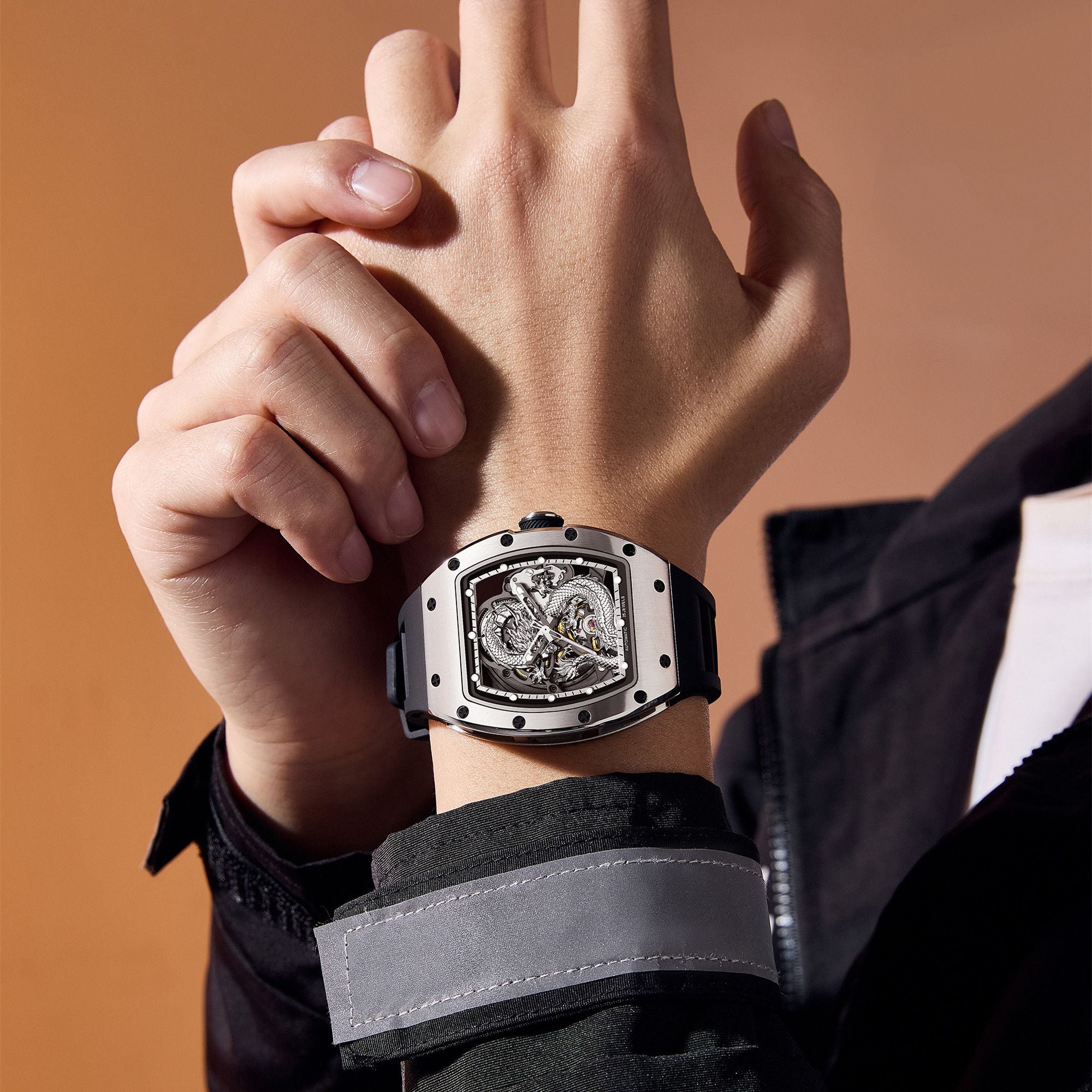 MEGIR Automatic Mechanical Skeleton Men Watch Luxury Stainless Steel Case Tonneau Dial Wristwatch Waterproof Sport Watches 9190-15