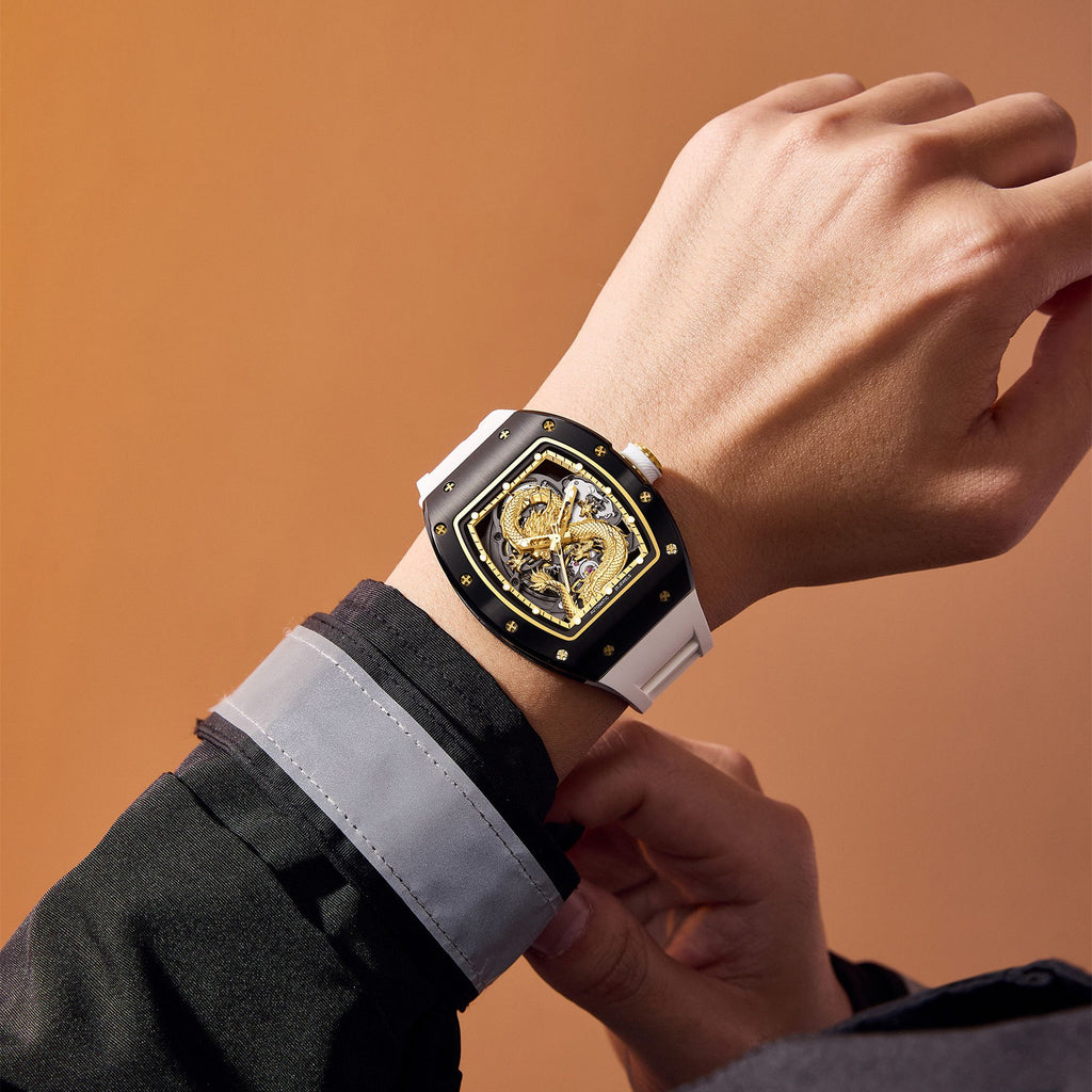 MEGIR Automatic Mechanical Skeleton Men Watch Luxury Stainless Steel Case Tonneau Dial Wristwatch Waterproof Sport Watches 9190-15