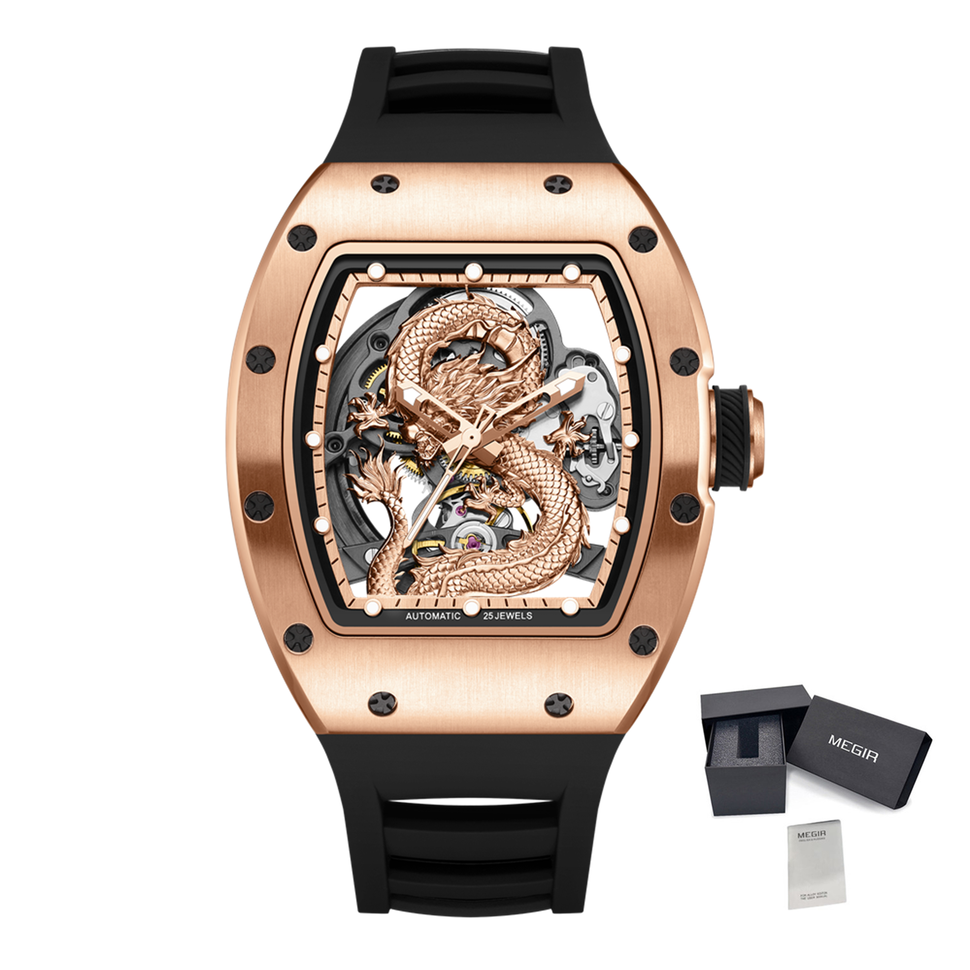 MEGIR Automatic Mechanical Skeleton Men Watch Luxury Stainless Steel Case Tonneau Dial Wristwatch Waterproof Sport Watches 9190-15