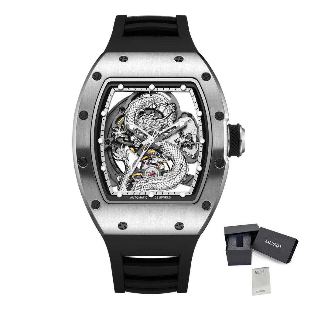 MEGIR Automatic Mechanical Skeleton Men Watch Luxury Stainless Steel Case Tonneau Dial Wristwatch Waterproof Sport Watches 9190-15