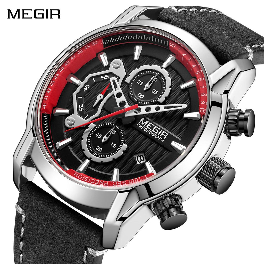 MEGIR Men's Watches Waterproof Luminous Sports Wristwatch Fashion Leather Strap Quartz Chronograph Clock Date Gift for Man 2104