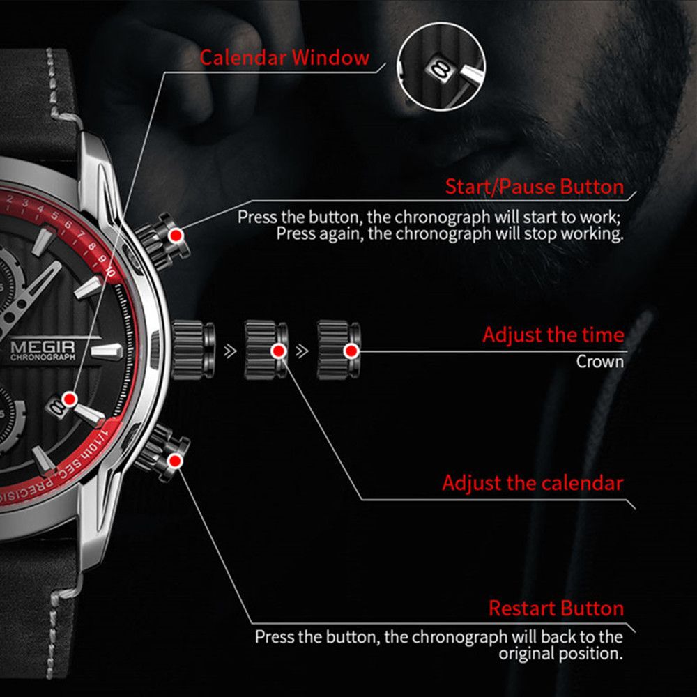 MEGIR Men's Watches Waterproof Luminous Sports Wristwatch Fashion Leather Strap Quartz Chronograph Clock Date Gift for Man 2104