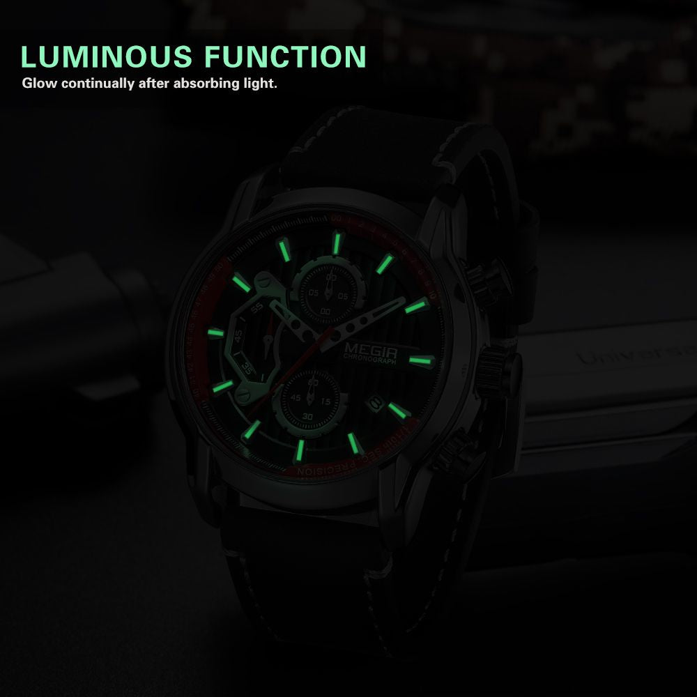 MEGIR Men's Watches Waterproof Luminous Sports Wristwatch Fashion Leather Strap Quartz Chronograph Clock Date Gift for Man 2104