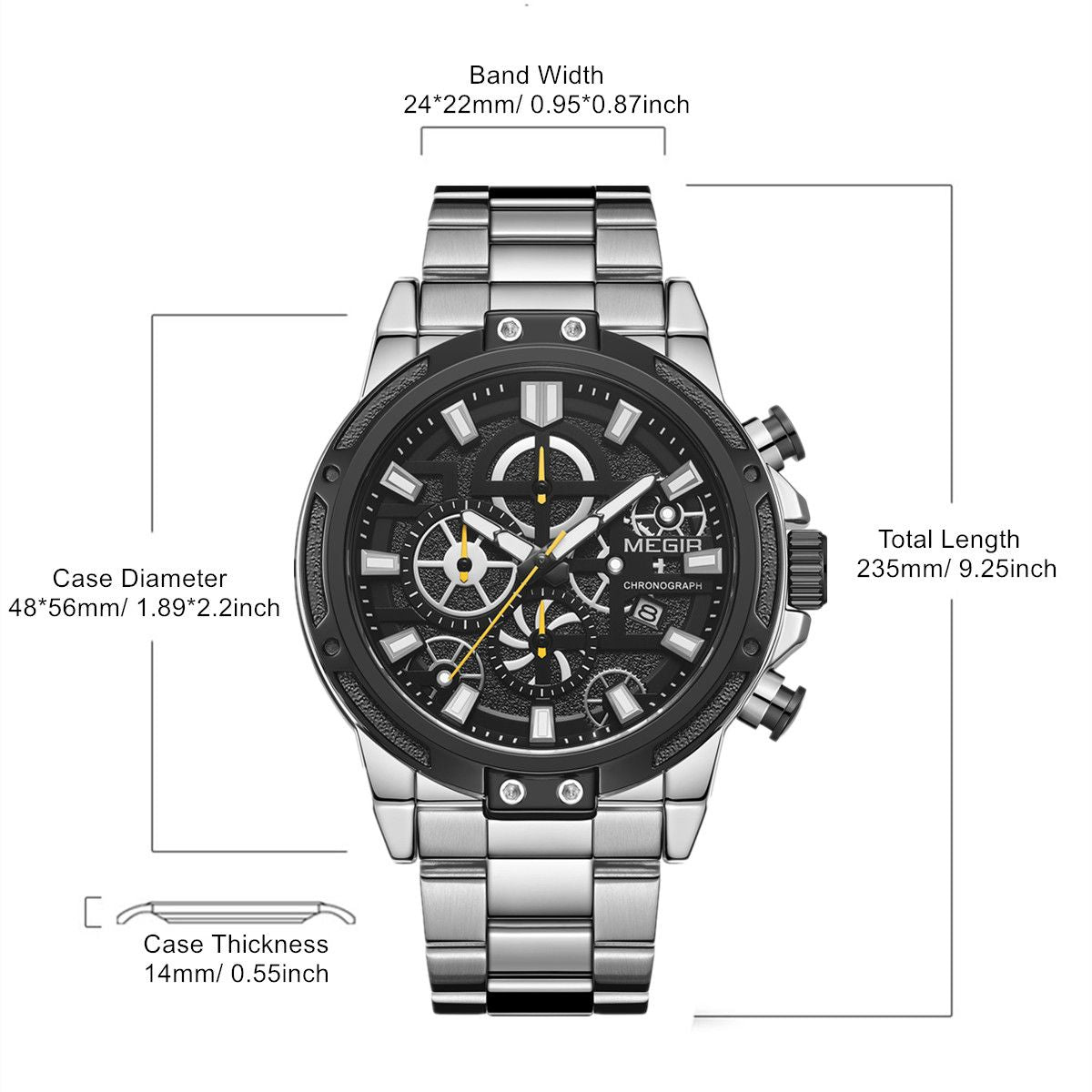 MEGIR Luxury Business Watches for Man Stainless Steel Strap Quartz Casual Wristwatch Waterproof Calendar Men Chronograph 2108