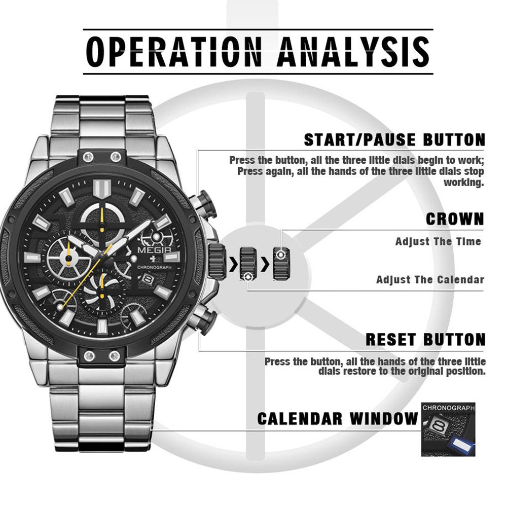 MEGIR Luxury Business Watches for Man Stainless Steel Strap Quartz Casual Wristwatch Waterproof Calendar Men Chronograph 2108
