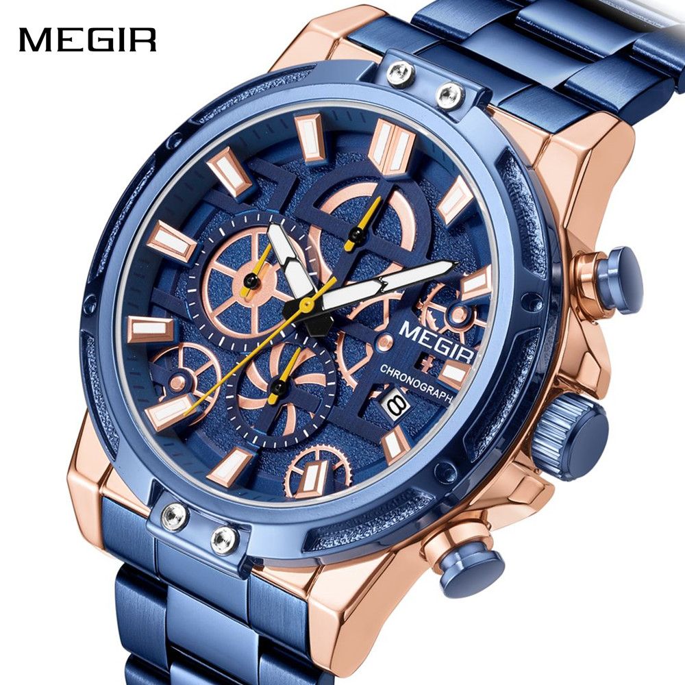 MEGIR Luxury Business Watches for Man Stainless Steel Strap Quartz Casual Wristwatch Waterproof Calendar Men Chronograph 2108