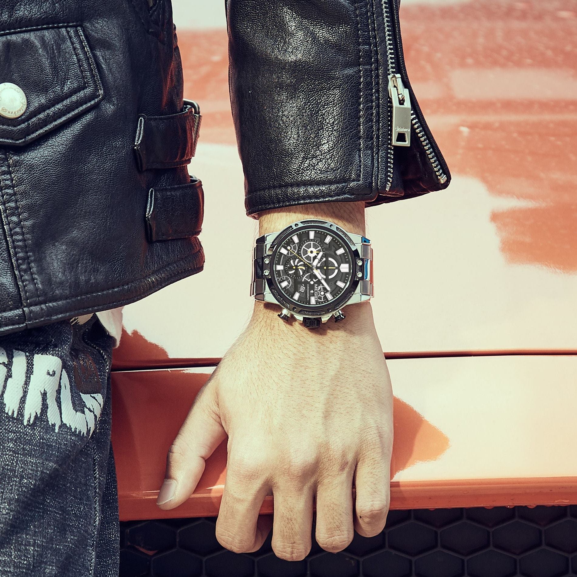 MEGIR Luxury Business Watches for Man Stainless Steel Strap Quartz Casual Wristwatch Waterproof Calendar Men Chronograph 2108