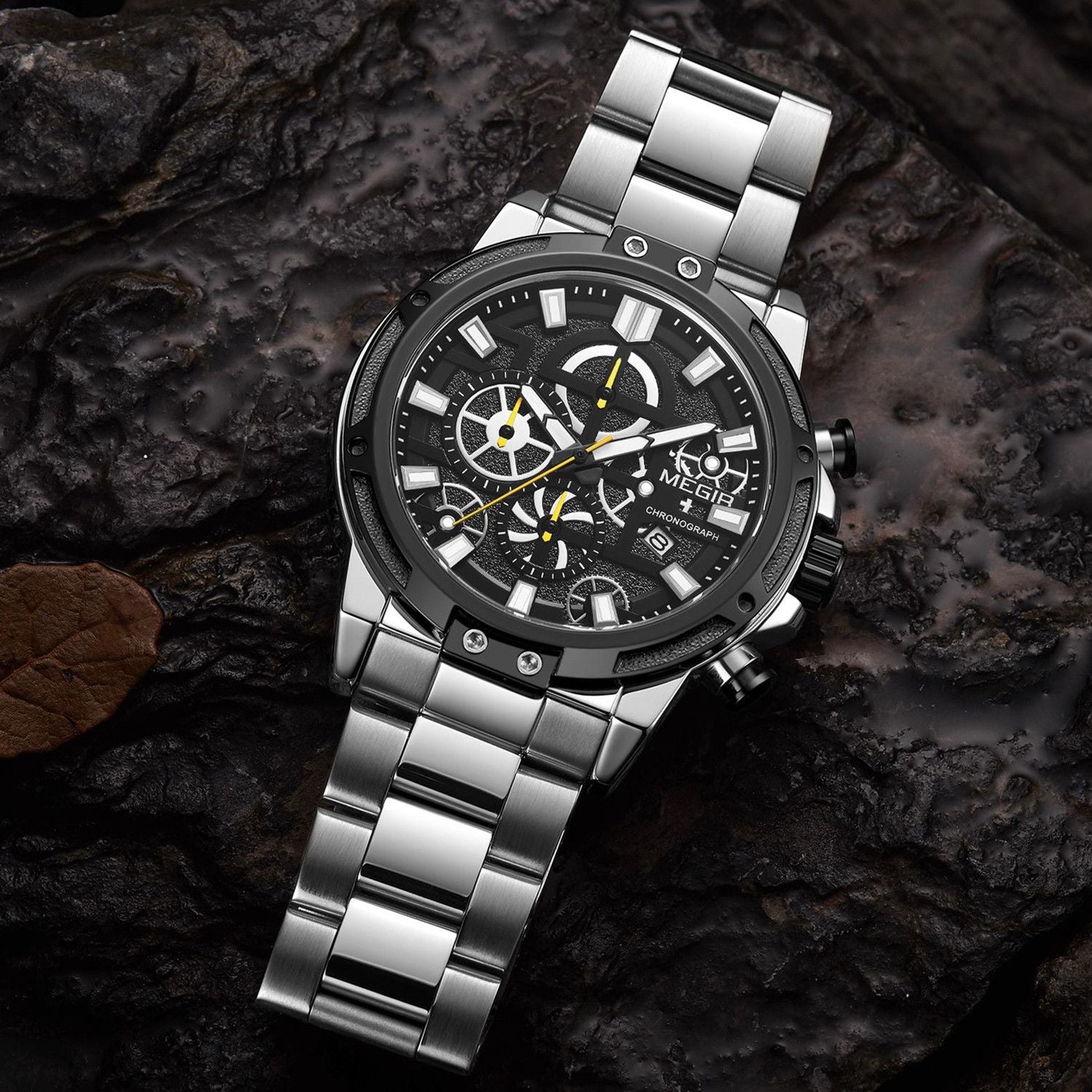 MEGIR Luxury Business Watches for Man Stainless Steel Strap Quartz Casual Wristwatch Waterproof Calendar Men Chronograph 2108