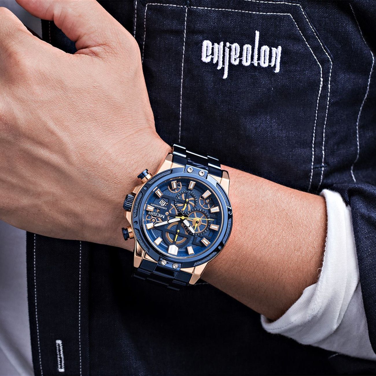 MEGIR Luxury Business Watches for Man Stainless Steel Strap Quartz Casual Wristwatch Waterproof Calendar Men Chronograph 2108