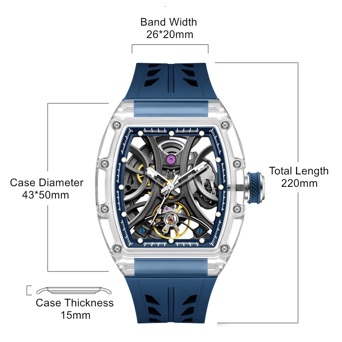 MEGIR Automatic Sport Watch for Men Transparent 43MM Hollow Dial Mechanical Movment Wristwatch Waterproof Luminous Clock 9195-11