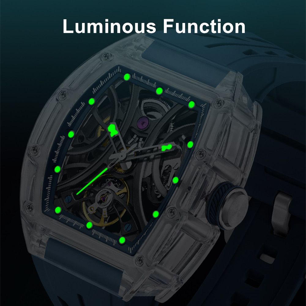 MEGIR Automatic Sport Watch for Men Transparent 43MM Hollow Dial Mechanical Movment Wristwatch Waterproof Luminous Clock 9195-11