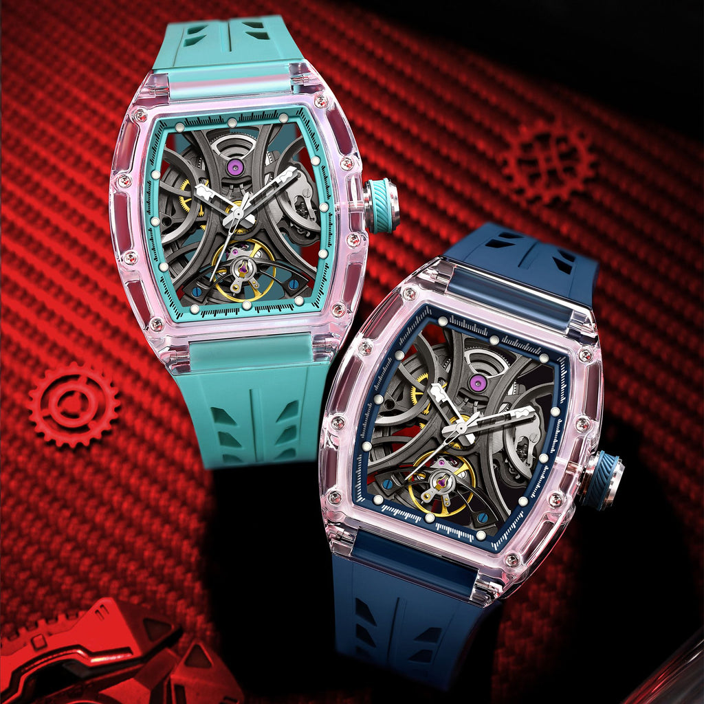 MEGIR Automatic Sport Watch for Men Transparent 43MM Hollow Dial Mechanical Movment Wristwatch Waterproof Luminous Clock 9195-11