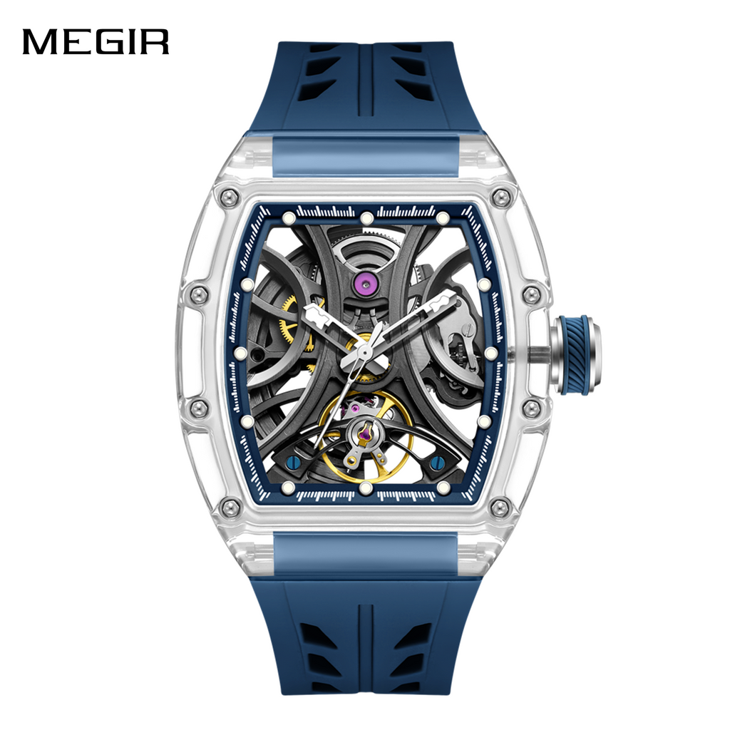 MEGIR Automatic Sport Watch for Men Transparent 43MM Hollow Dial Mechanical Movment Wristwatch Waterproof Luminous Clock 9195-11
