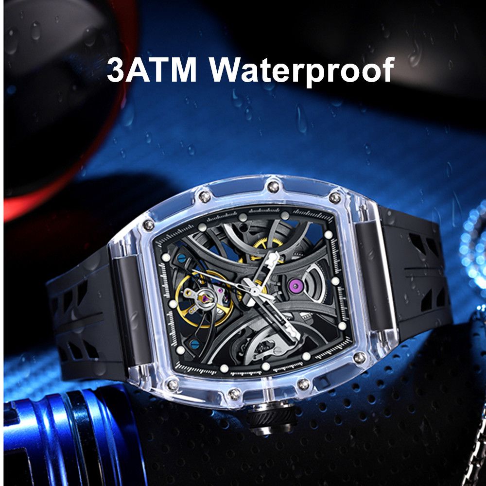 MEGIR Automatic Sport Watch for Men Transparent 43MM Hollow Dial Mechanical Movment Wristwatch Waterproof Luminous Clock 9195-11