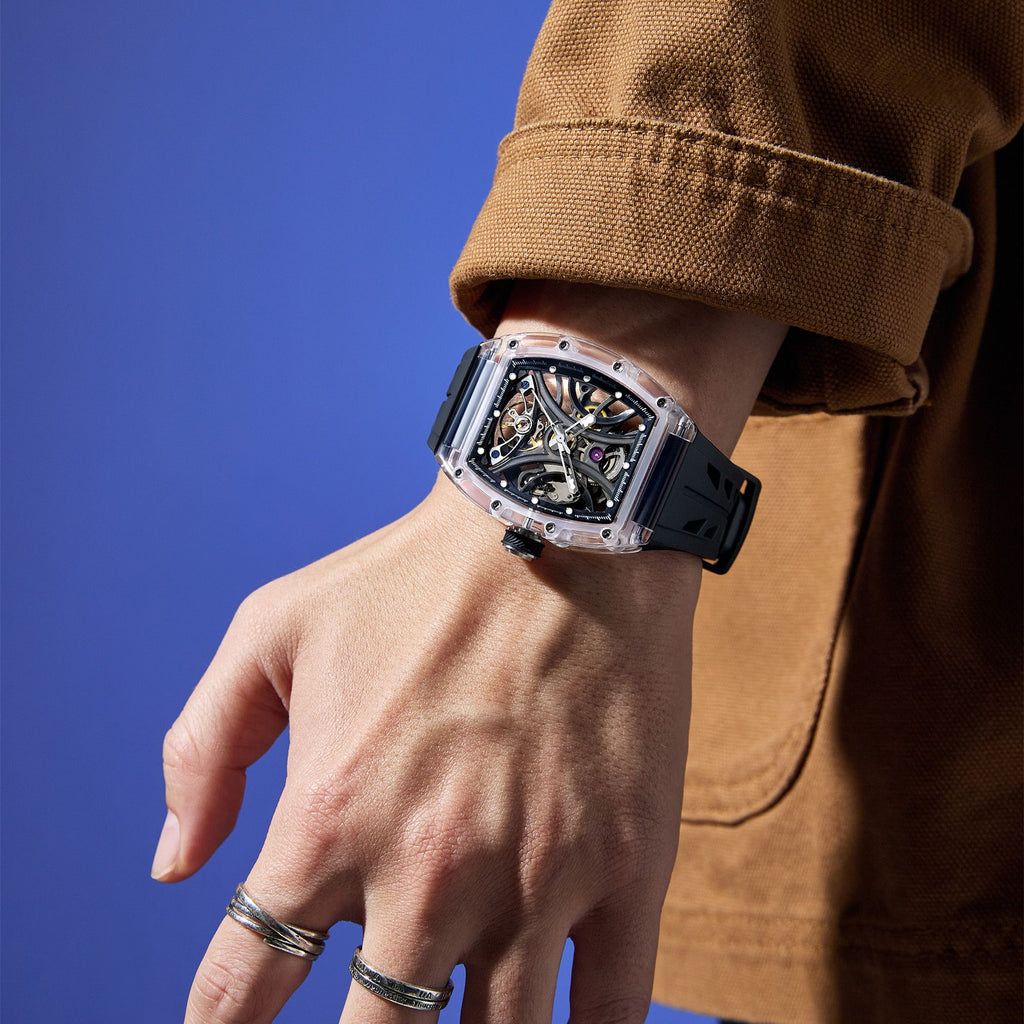 MEGIR Automatic Sport Watch for Men Transparent 43MM Hollow Dial Mechanical Movment Wristwatch Waterproof Luminous Clock 9195-11