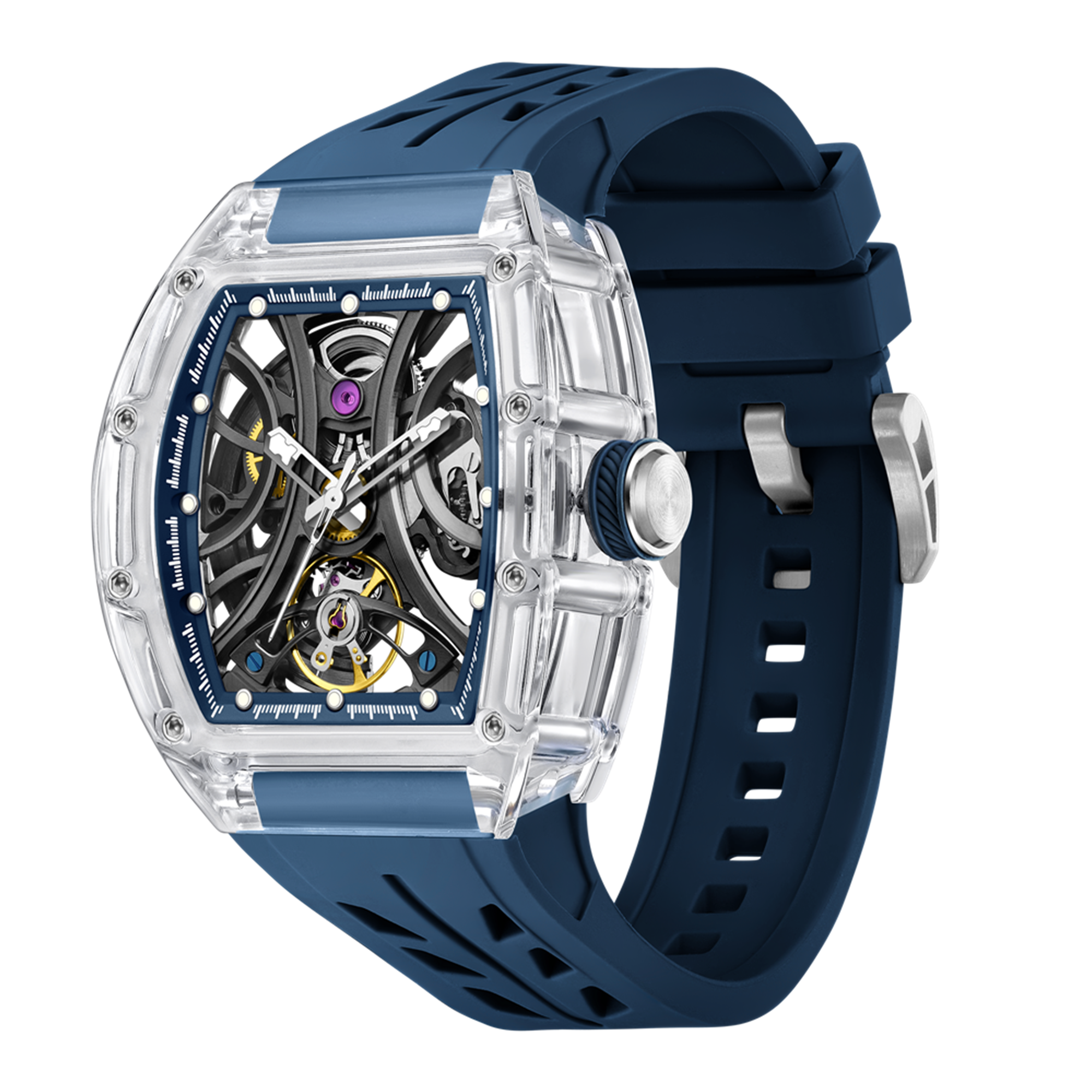 MEGIR Automatic Sport Watch for Men Transparent 43MM Hollow Dial Mechanical Movment Wristwatch Waterproof Luminous Clock 9195-11