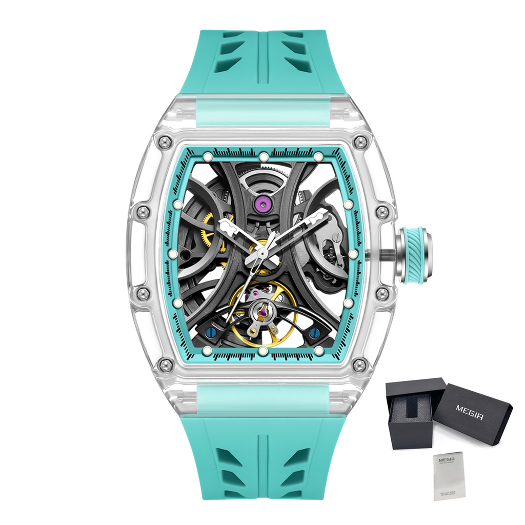MEGIR Automatic Sport Watch for Men Transparent 43MM Hollow Dial Mechanical Movment Wristwatch Waterproof Luminous Clock 9195-11