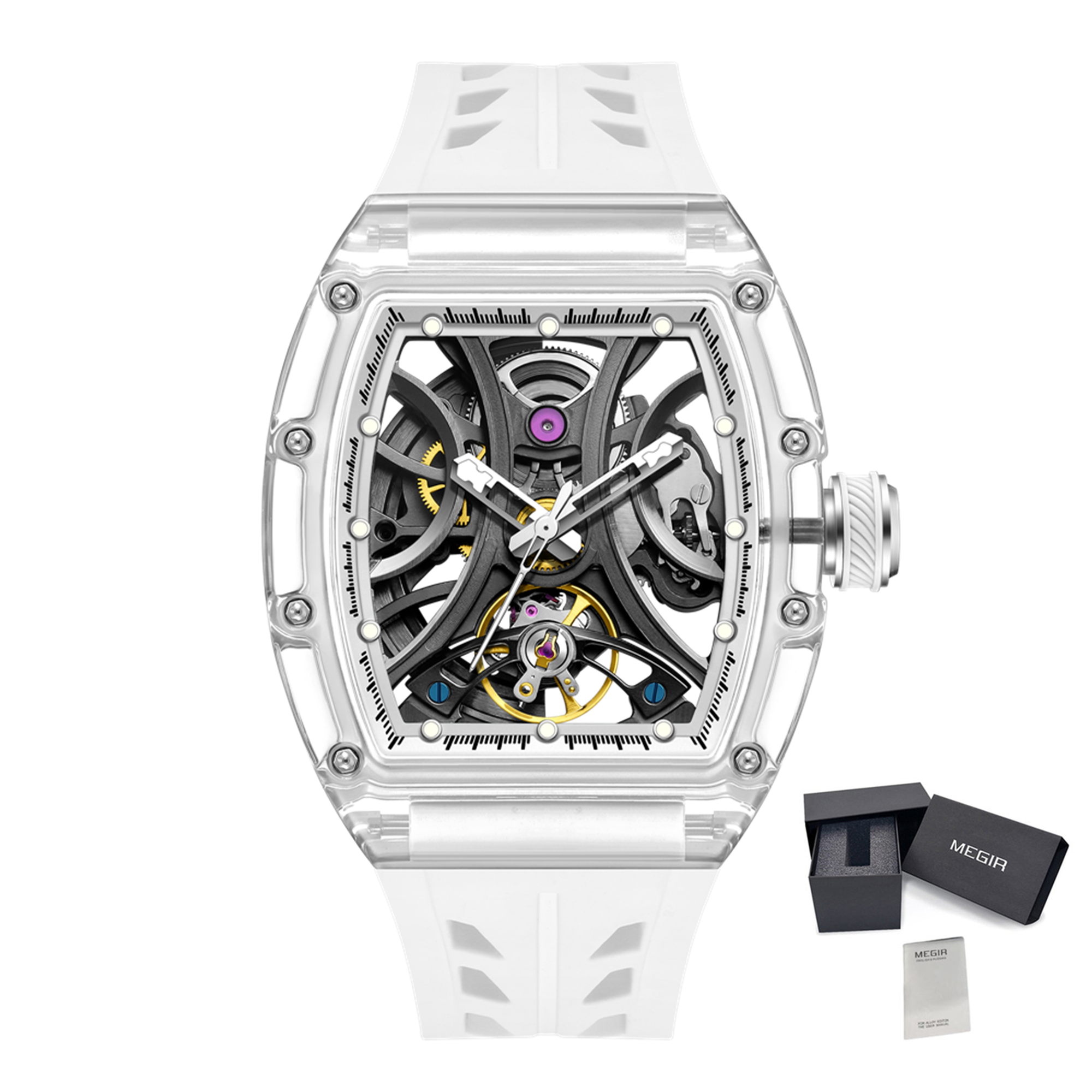 MEGIR Automatic Sport Watch for Men Transparent 43MM Hollow Dial Mechanical Movment Wristwatch Waterproof Luminous Clock 9195-11