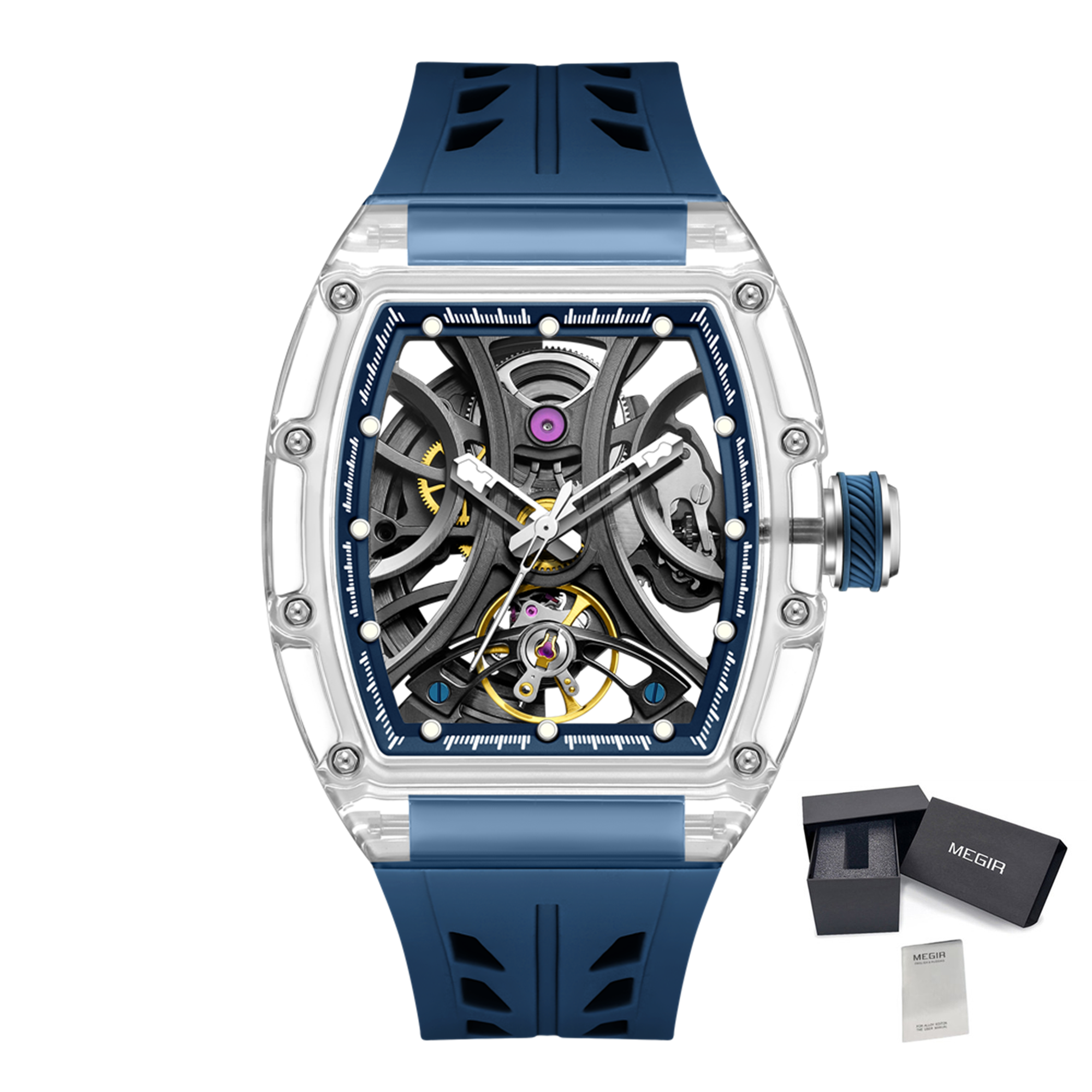 MEGIR Automatic Sport Watch for Men Transparent 43MM Hollow Dial Mechanical Movment Wristwatch Waterproof Luminous Clock 9195-11