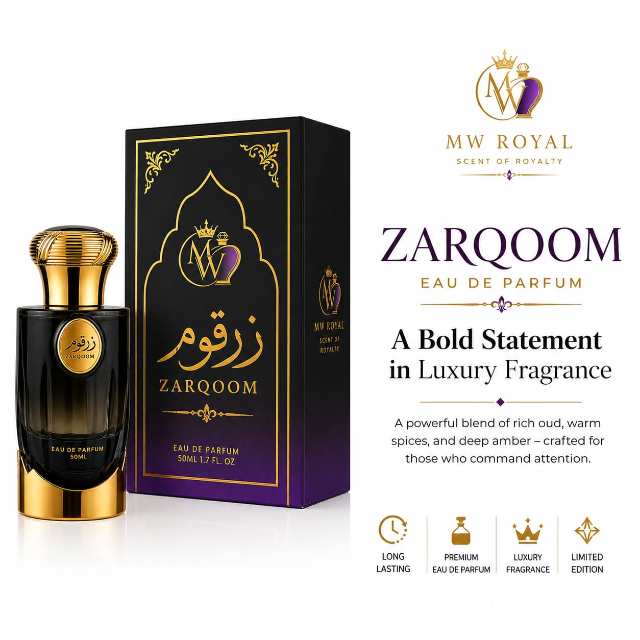 Luxury MW ROYAL Zarqoom perfume showcasing premium Eau De Parfum concentration and long-lasting fragrance