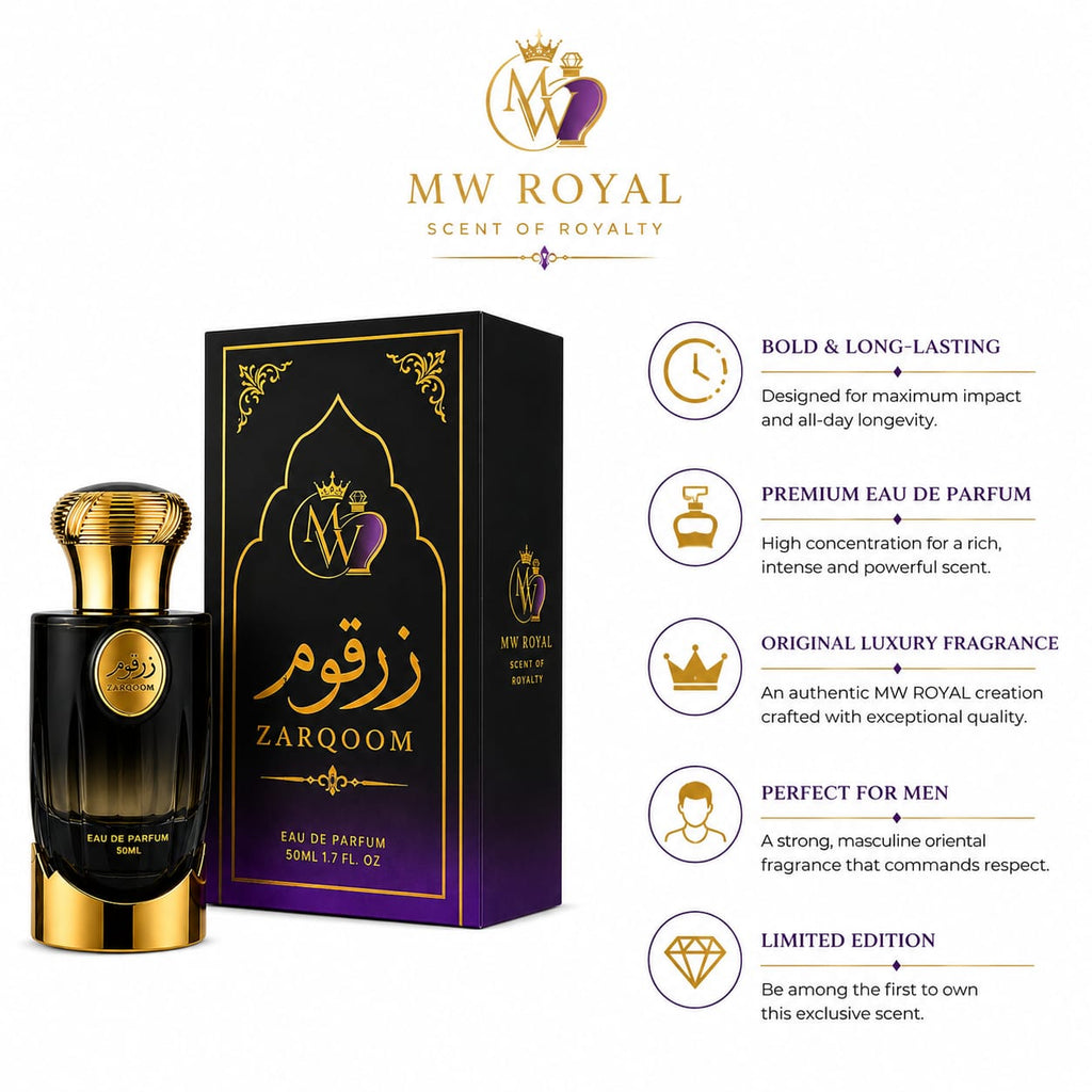  Elegant lifestyle presentation of MW ROYAL Zarqoom Eau De Parfum featuring luxury packaging and premium fragrance bottle.
